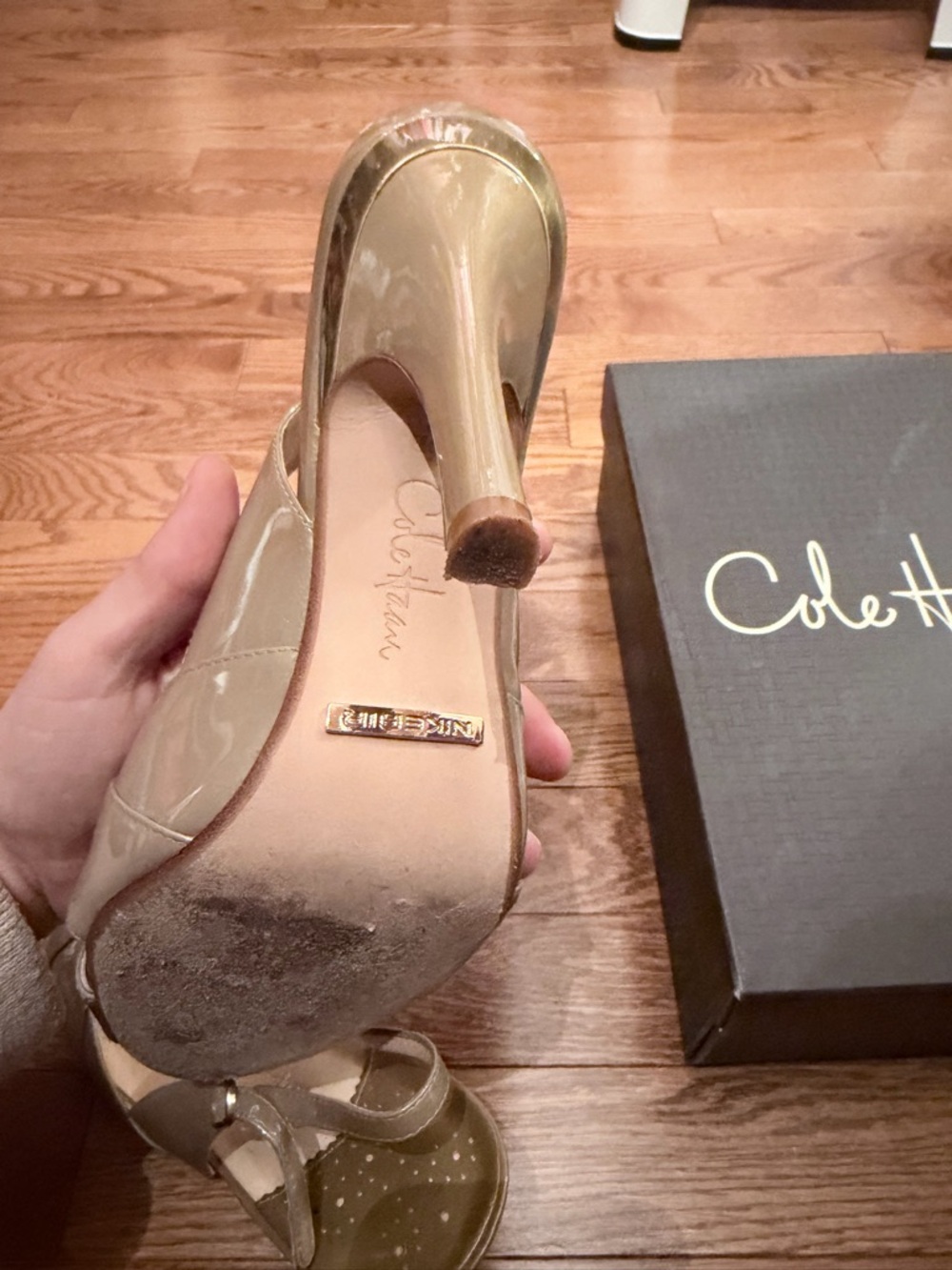 Cole Haan Taupe Patent Leather Peep-Toe Slingback Sandals - Picture 4 of 5